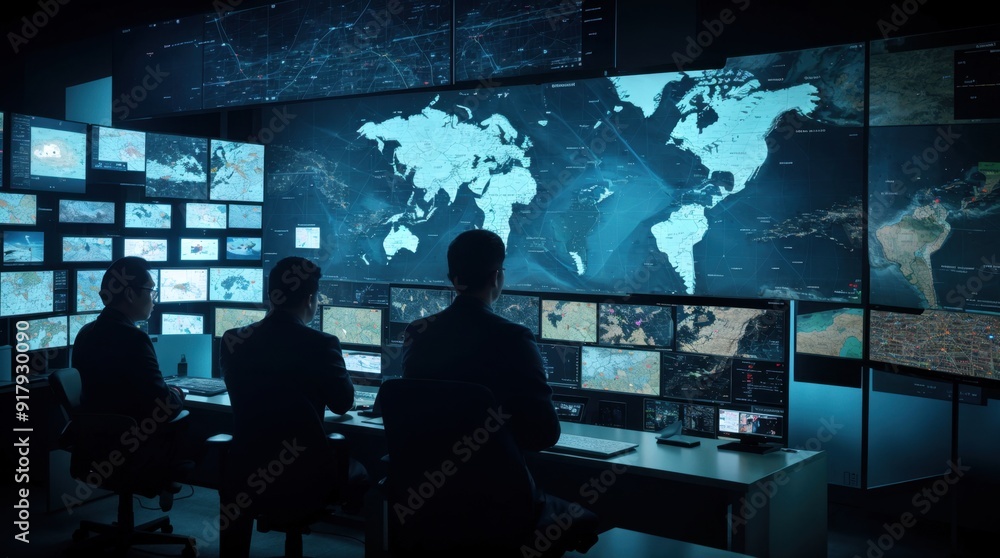 Poster a trio analyzing digital global maps and screens in a technology-driven control center