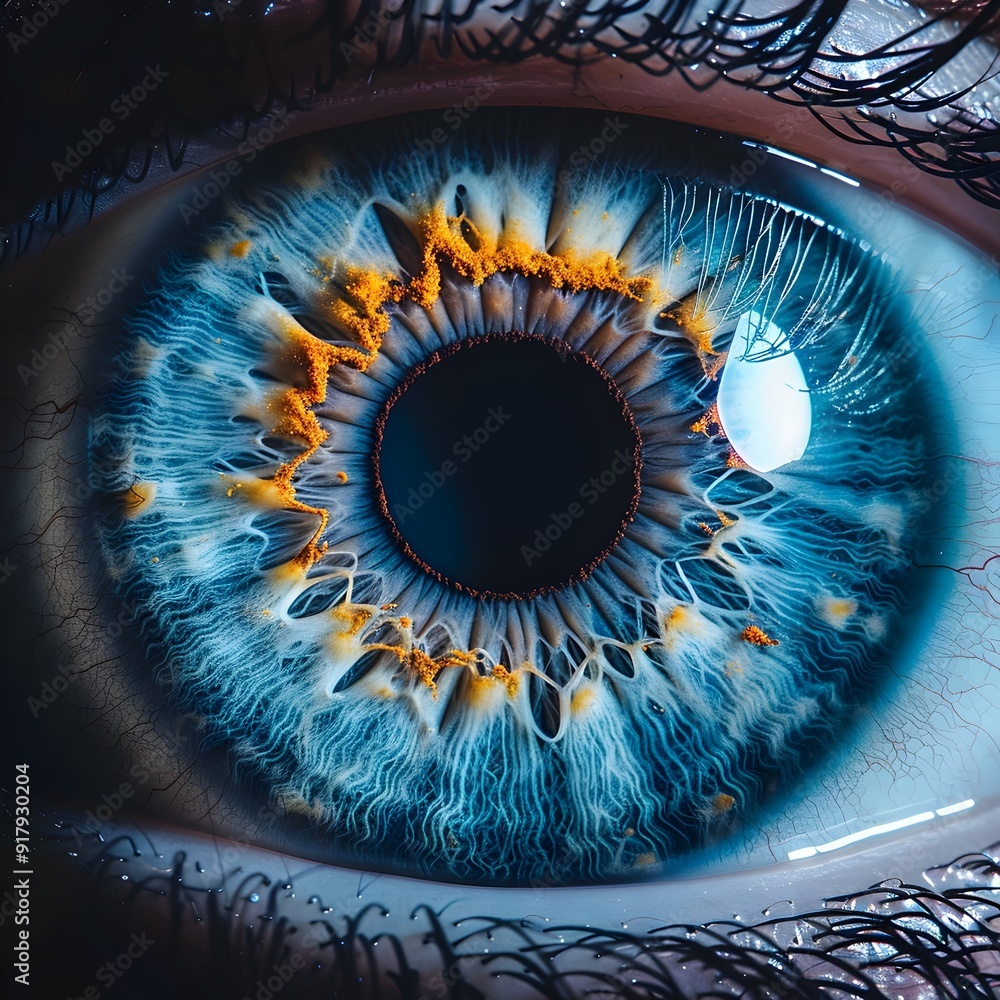Poster captivating macro closeup of a vibrant human iris with intricate patterns and colors