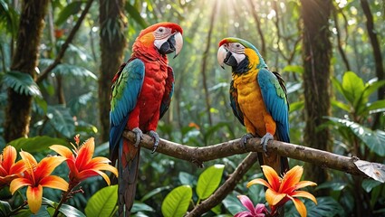 Obraz premium Tropical Rainforest Paradise Colorful Parrot Perched on Branch