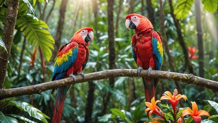 Obraz premium Tropical Rainforest Paradise Colorful Parrot Perched on Branch