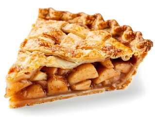 Classic Homemade Apple Pie Slice with Flaky Crust on White Background