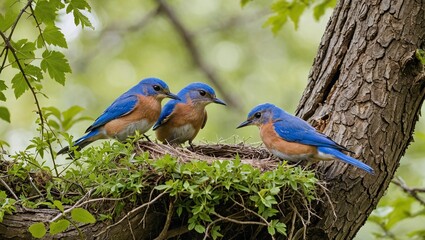 Obraz premium Bluebirds Nesting in Hollow Tree Surrounded by Green Foliage