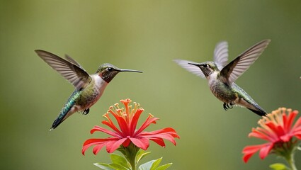 Fototapeta premium Vibrant Hummingbird Feeding on Red Flower in Lush Greenery