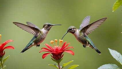Fototapeta premium Vibrant Hummingbird Feeding on Red Flower in Lush Greenery