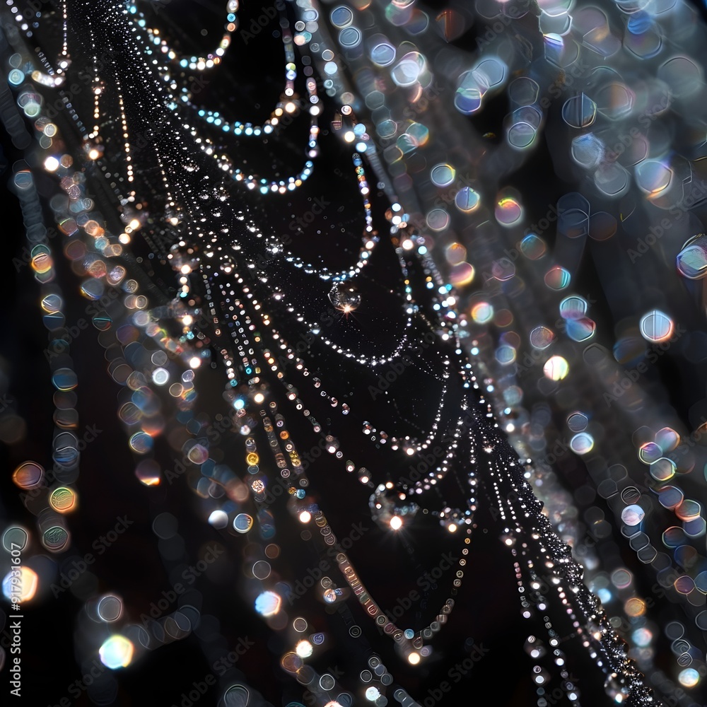 Poster glistening dew drops on intricate spider web with reflective patterns in macro photography