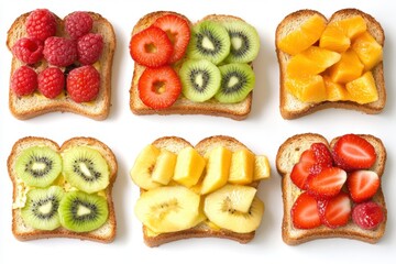 Colorful fruit toasts on white background for healthy breakfast