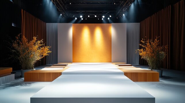 Modern fashion runway stage with dramatic lighting, ready for a fashion show event. An elegant setting with stylish decor.