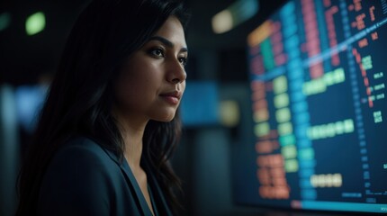 Naklejka premium A woman contemplating glowing stock market statistics in the night 