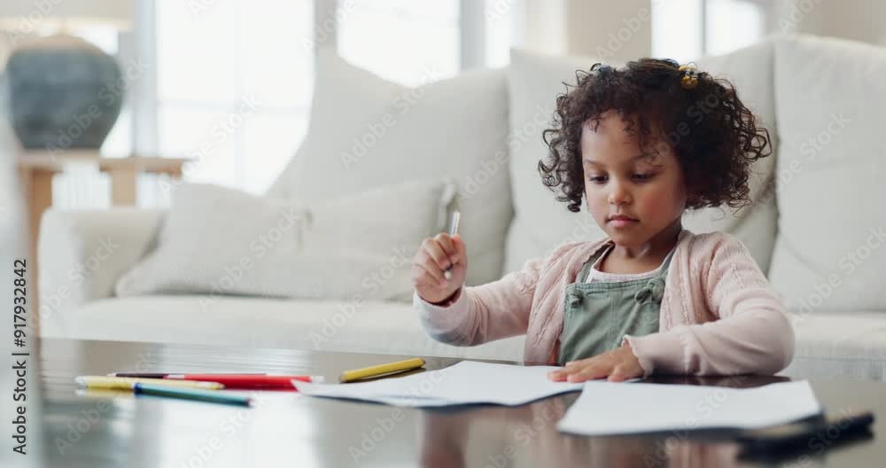 Sticker Drawing, creative and kid with paper in home for lesson, learning motor skills and child development. Kindergarten, school and young girl relax with crayons for education, fun activity and writing