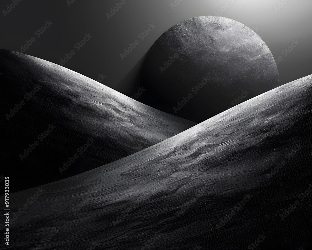 Poster abstract landscape with a large sphere. an abstract black and white photograph featuring a large sph