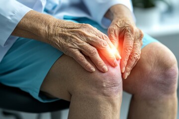 Senior person experiencing knee pain, highlighting arthritis or joint inflammation. Close-up view of patient holding knee with highlighted pain area.