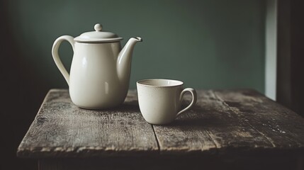 Fototapeta premium Classic white teapot cup on rustic wooden table