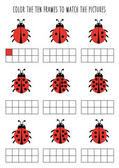 Color ten frames according to the dots on ladybugs. Math worksheet for kids.