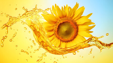 Liquid vegetable sunflower oil, bio organic seeds cooking oil 3D splash and fresh sunflower isolated. Healthy food, skincare, beauty, cosmetic industry and balanced nutrition diet advertising design