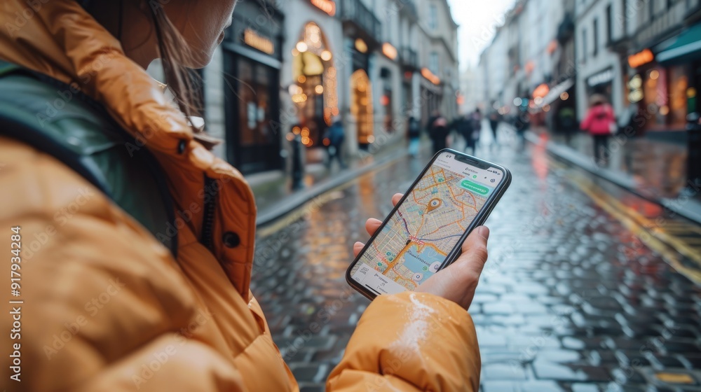 Wall mural a person uses a phone with a map app while walking down a cobblestone street. the street is wet with