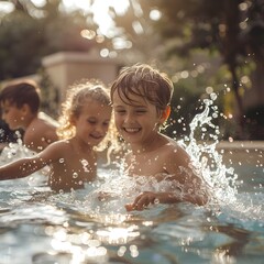 Obraz premium Family Fun in the Backyard Pool Kids Playfully Splashing and Enjoying the Summer