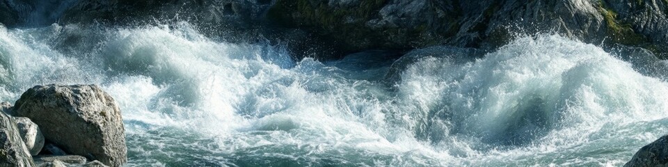 Fototapeta premium Anime-Style Winter Wilderness: Turbulent Rapids and Rugged Rocks in Wild River Landscape. Nature's Raw Symphony Blending Winter Wonderland and Holiday Spirit. Perfect for Creative Marketing, Book Illu