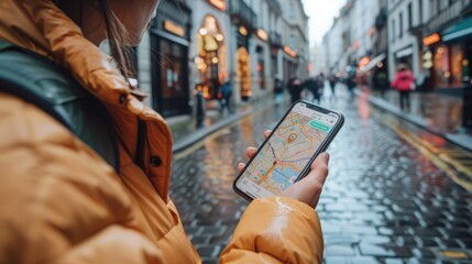 A person uses a phone with a map app while walking down a cobblestone street.  The street is wet with rain and the person is wearing a jacket.