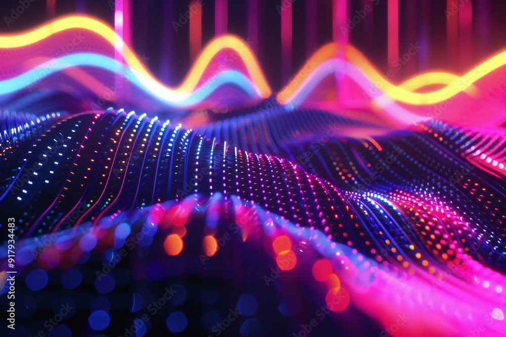 Poster abstract 3d neon waveforms with vibrant colors and dynamic movement , created ai