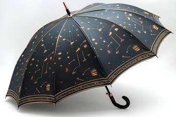 a black umbrella with gold designs.