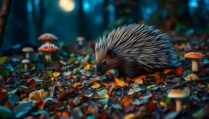Obraz premium Porcupine in Moonlit Forest with Mushrooms