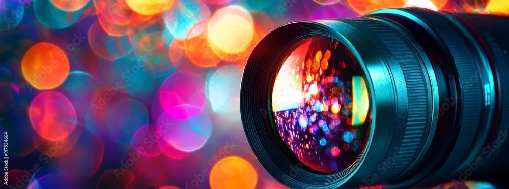 Poster camera lens capturing colorful bokeh