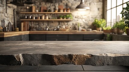 Empty Stone Slab in Rustic Kitchen - 3D Animation for Text Use