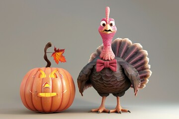 Cheerful 3D cartoon turkey with a holiday bow tie, standing next to a decorated pumpkin , created ai