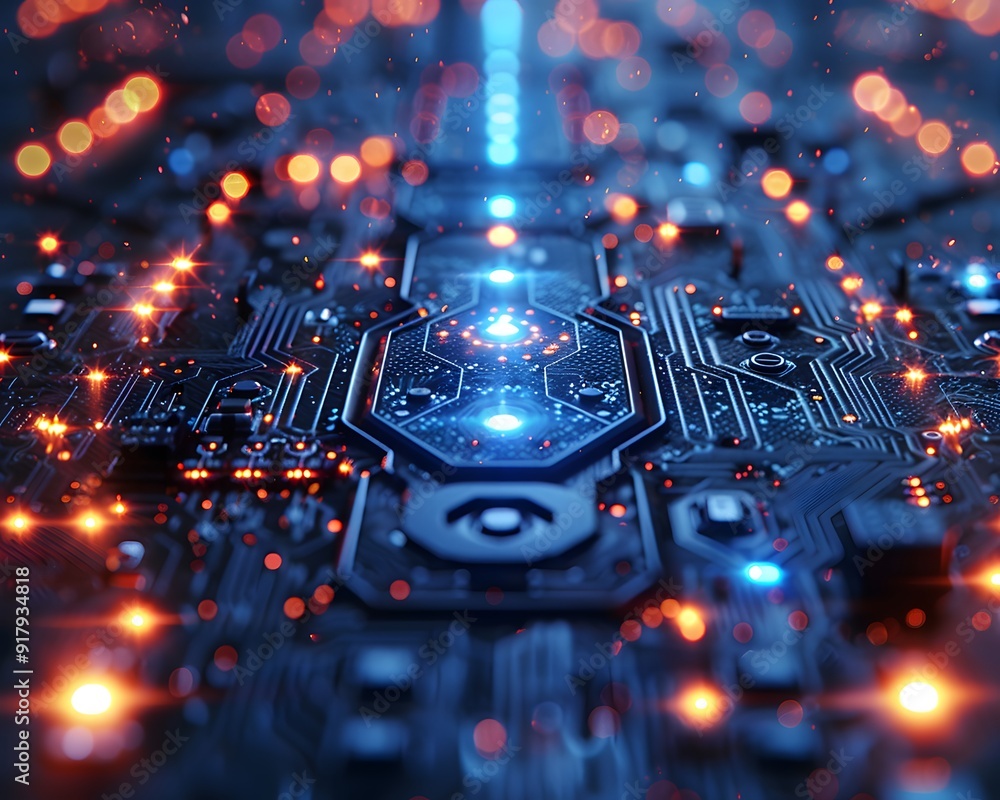 Poster circuit board with glowing lights. closeup of a circuit board with glowing lights, symbolizing the i