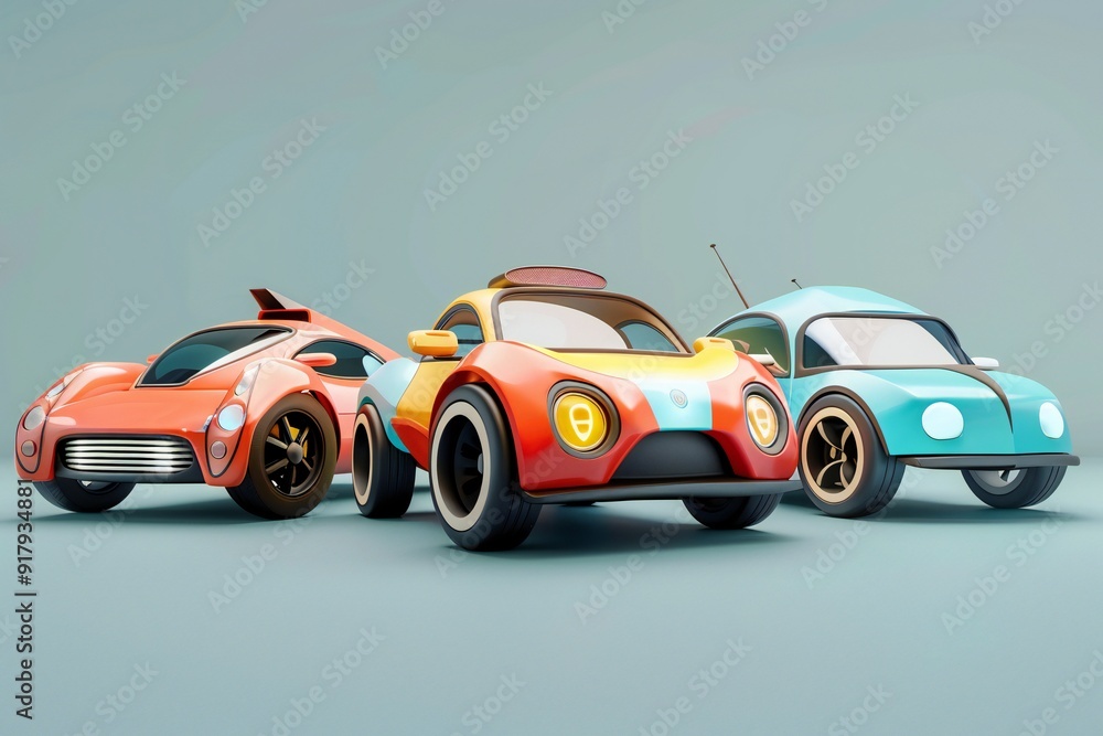 Wall mural Cute cartoon style hybrid cars, different designs, 3D render, created ai