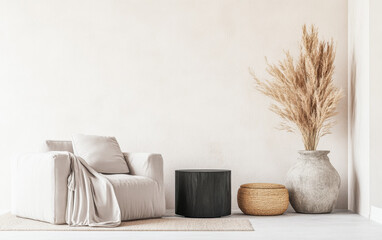 Scandinavian minimalist living room interiors in beige tones with minimal furniture and clear lighting. Residential Real Estate composition.