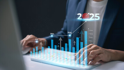Business growth trends, projections and goal for the year 2025. businessman calculating financial data for long-term investments, corporate competitiveness on a global level.