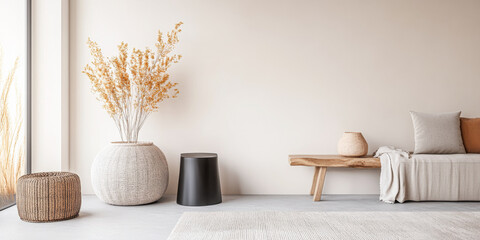 Scandinavian minimalist living room interiors in beige tones with minimal furniture and clear lighting. Residential Real Estate composition.