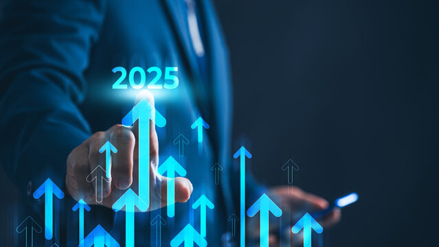 Hand pointing growth arrow success company target in 2025 of upward direction development graph or stock market chart symbol for investment finance profit and goal attainment on economic marketing