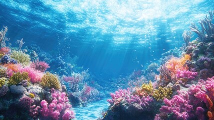 Fototapeta premium A beautiful coral reef in the open sea, teeming with marine life and vibrant colors under the clear blue water.