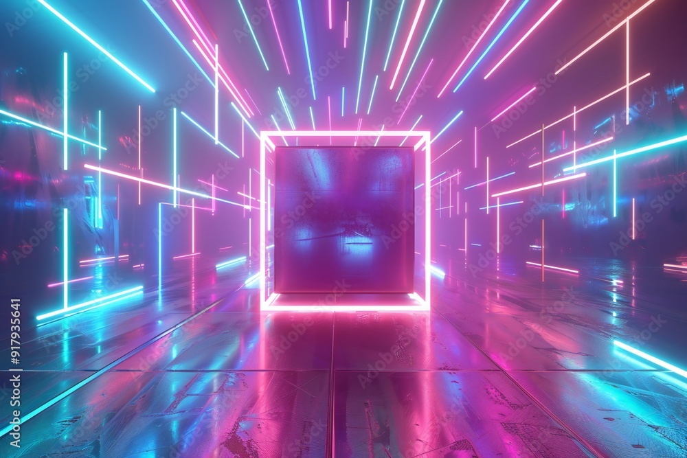 Poster 3d render, neon light square cube floating in the space with high speed light background, hyper warp