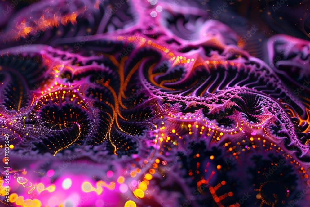 Poster abstract 3d render of neon fractals with intricate patterns and glowing details , created ai