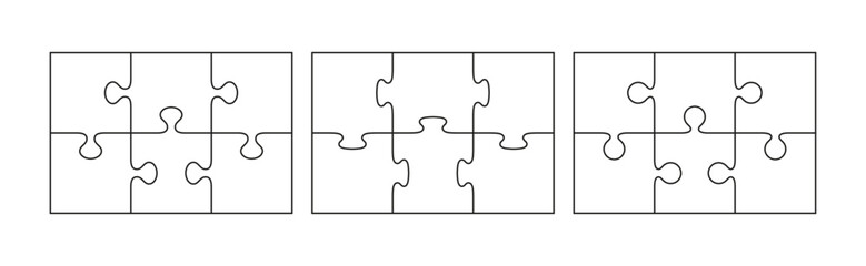 Cutting template with separate details. Outline puzzle pieces scheme for thinking game. Simple mosaic background. Jigsaw square grids set. Vector illustration.