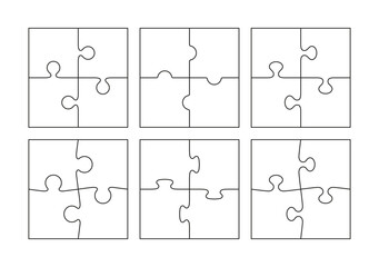 Jigsaw puzzle outline grid set. 6 puzzle square business presentation infographic. Square info graphic with 4 parts of process diagram. Business presentation for infographics. Vector illustration