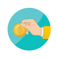 Hand Holding Golden Bitcoin Coin Illustration on Blue Background