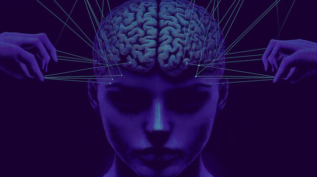 Illustration Surreal Brain Manipulation with Strings and Hands in Purple