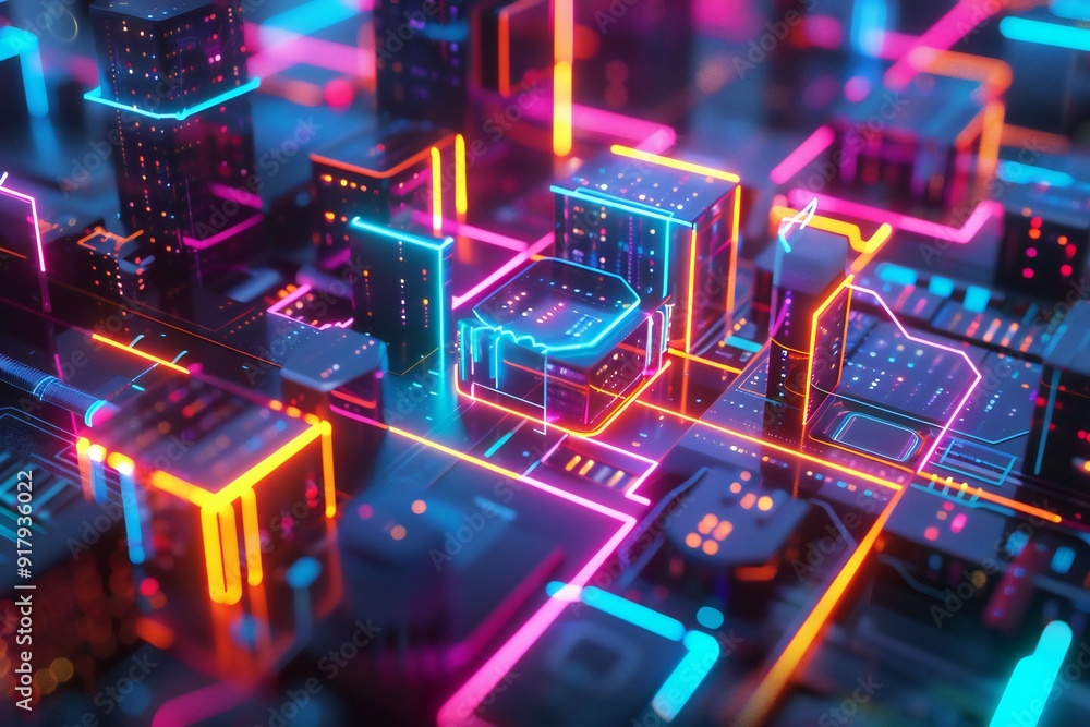 Poster abstract 3d render of neon geometric shapes with glowing lines and circuits , created ai