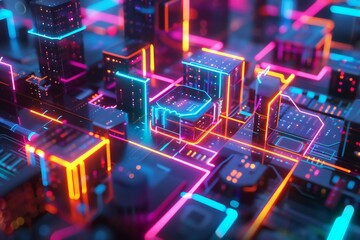Abstract 3D render of neon geometric shapes with glowing lines and circuits , created ai
