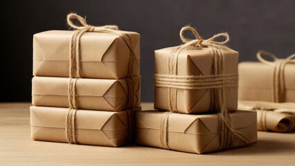Stacked Kraft-Wrapped Gifts with Twine on Wooden Surface.
Stacked eco-friendly gift boxes wrapped in kraft paper and tied with twine, arranged on a wooden surface