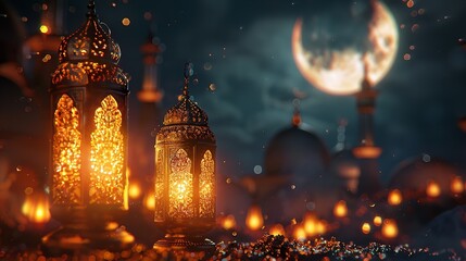 Obraz premium Ramadan Mubarak crescent moon and lanterns template showcasing elegant, Ramadan Kareem set of posters and showcasing elegant Islamic lanterns.