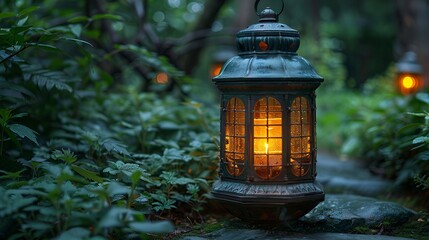 a lantern with a lit candle. 