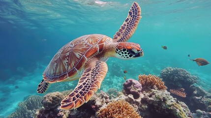 Obraz premium A close-up of a sea turtle swimming gracefully over a vibrant coral reef in the clear waters of the Maldives.