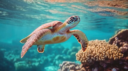 Obraz premium A close-up of a sea turtle swimming gracefully over a vibrant coral reef in the clear waters of the Maldives.