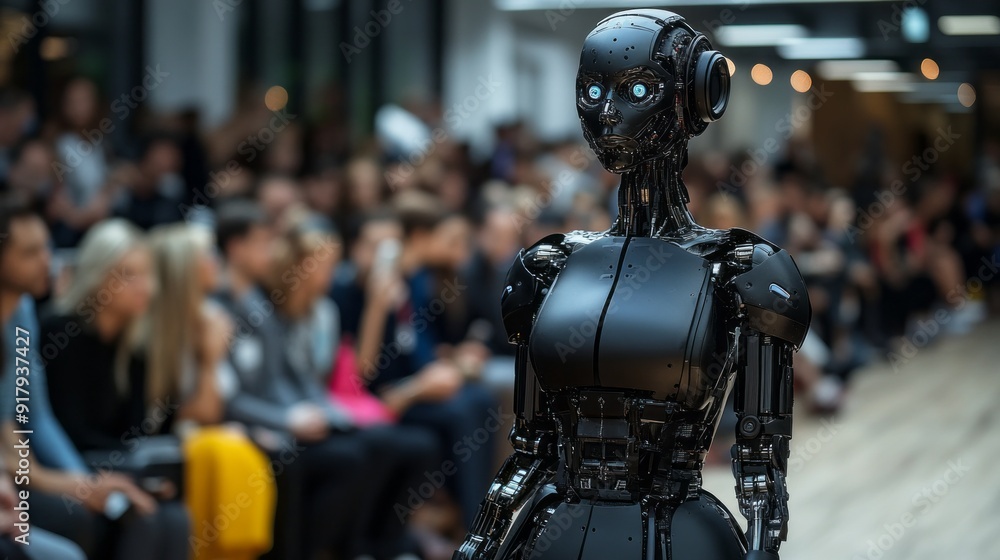 Aufkleber A robot is standing on a stage in front of a crowd of people