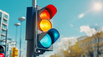 Close-up of a traffic light on a bright sunny day in an urban setting, with buildings and streetlights in the background.